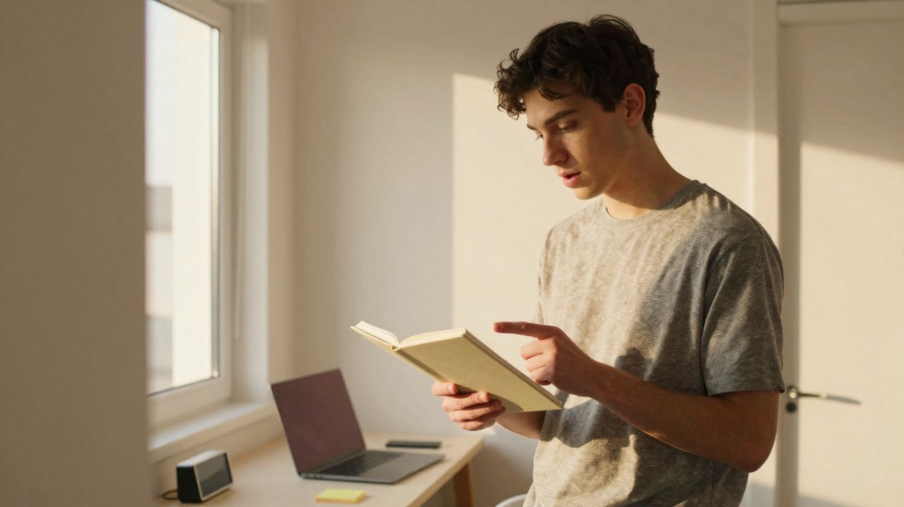Jovem de pé a ler um livro num quarto iluminado pela luz natural junto a uma secretária com portátil aberto.