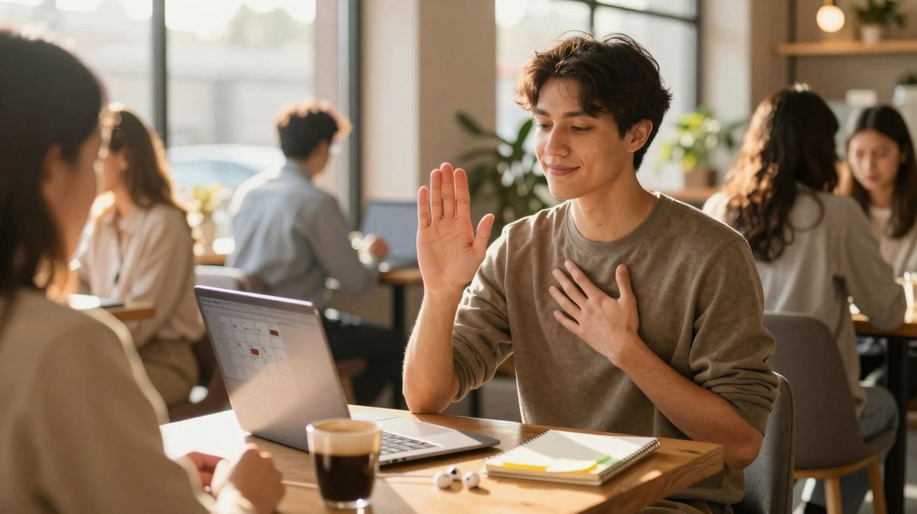 Jovem com mão levantada e outra no peito participa em reunião online numa cafeteria com várias pessoas ao fundo.