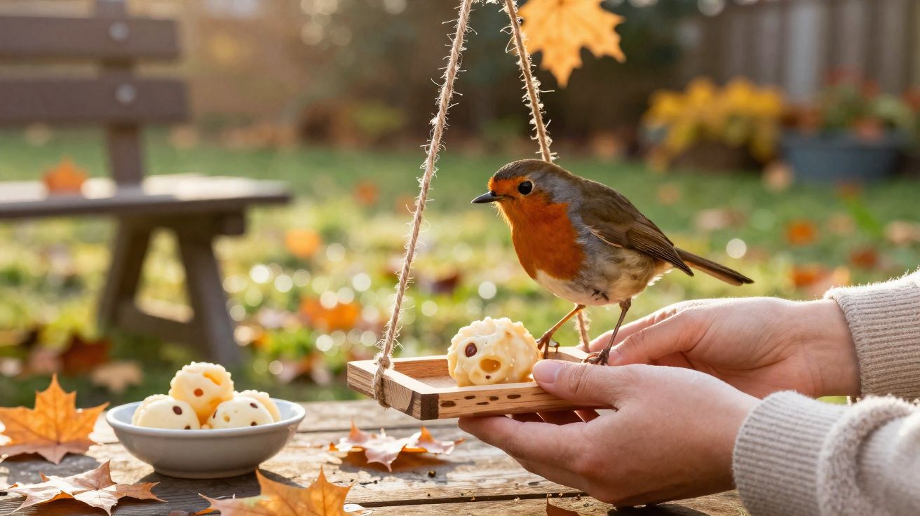 Pássaro com peito laranja pousado numa pequena plataforma suspensa na mão de uma pessoa num cenário outonal.