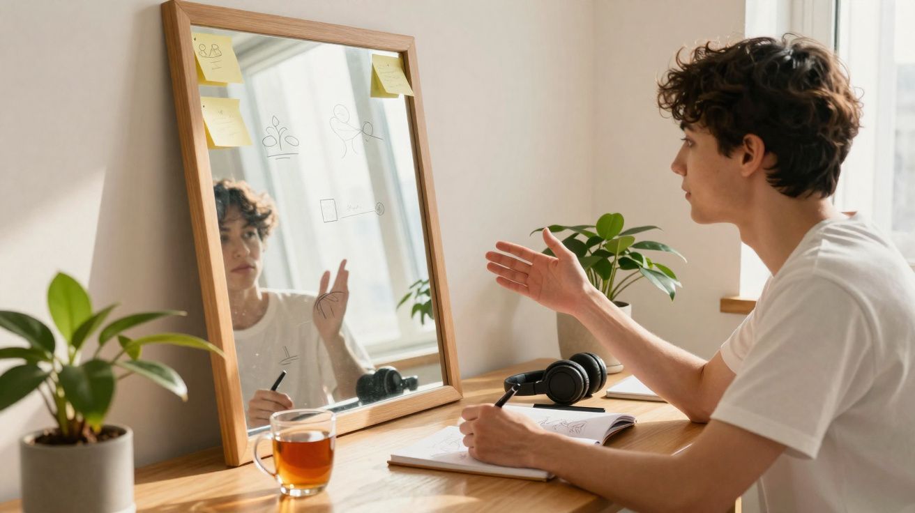 Jovem sentado numa secretária a desenhar e falar frente a um espelho, com plantas e chá à sua volta.