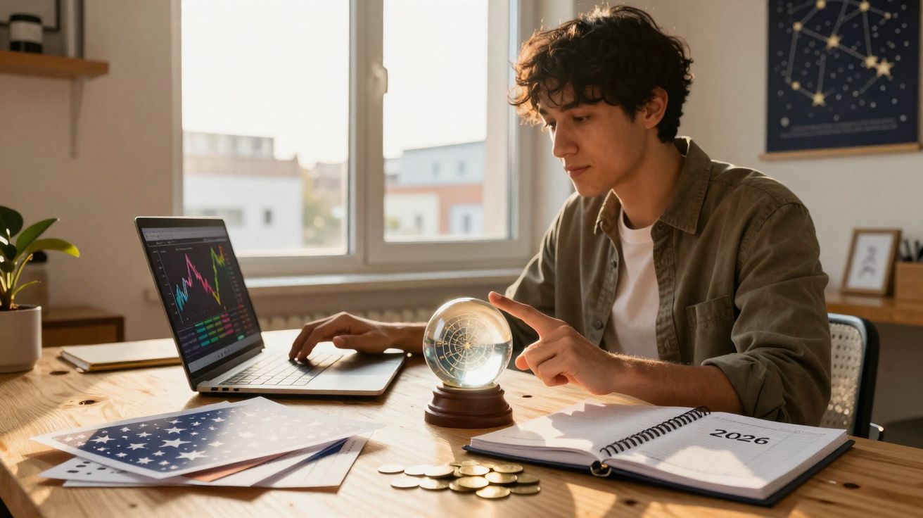 Jovem a trabalhar num laptop, olhando para um globo de cristal numa mesa com moedas e calendário 2026.