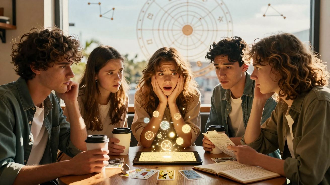 Grupo de jovens a explorar signos e astrologia com cartas e tablet iluminado numa mesa junto à janela.