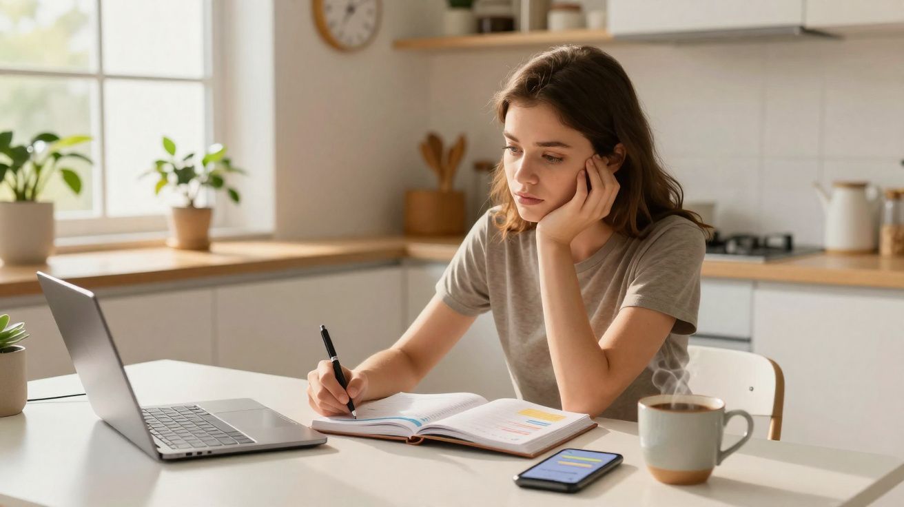 Jovem mulher sentada à mesa em cozinha moderna a estudar com caderno, computador portátil, telemóvel e chá.
