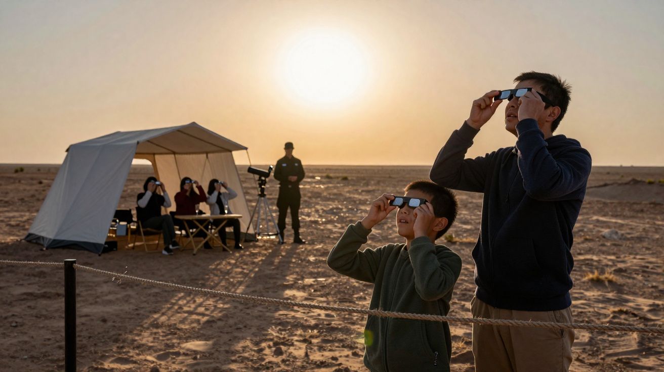 Pessoas observam o eclipse solar com óculos especiais numa área desértica ao pôr do sol.