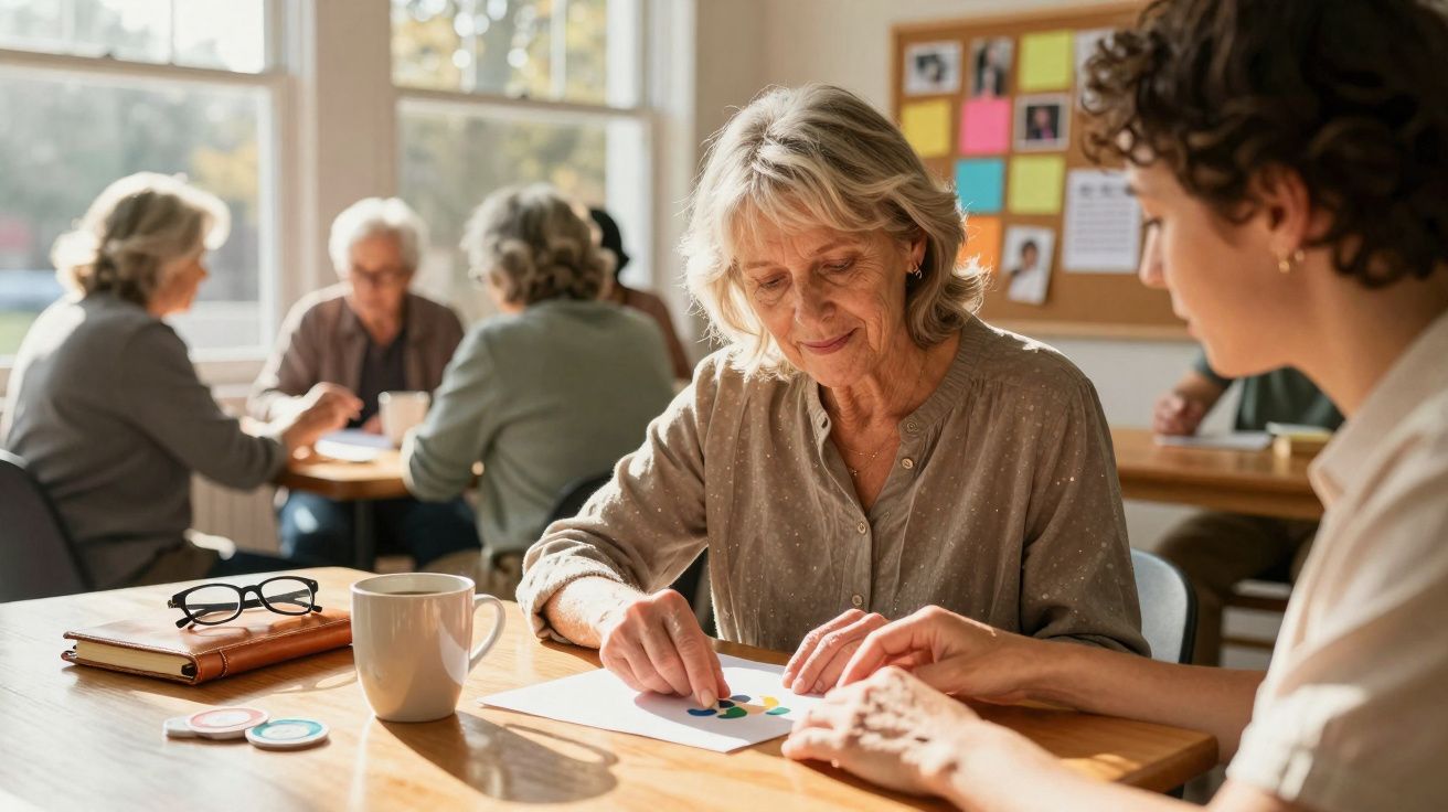 Duas mulheres idosas a fazerem atividades artísticas sentadas numa mesa, com outras pessoas ao fundo.