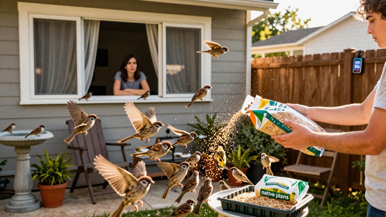 Pessoa a alimentar pássaros no jardim enquanto mulher observa pela janela de casa.