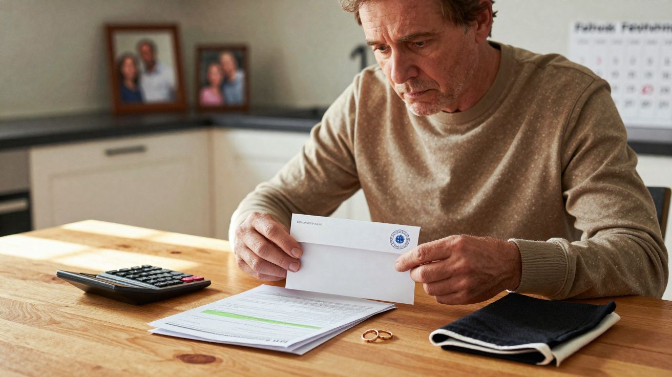 Homem preocupado a abrir envelope com correspondência na cozinha, com aliança e calculadora na mesa.