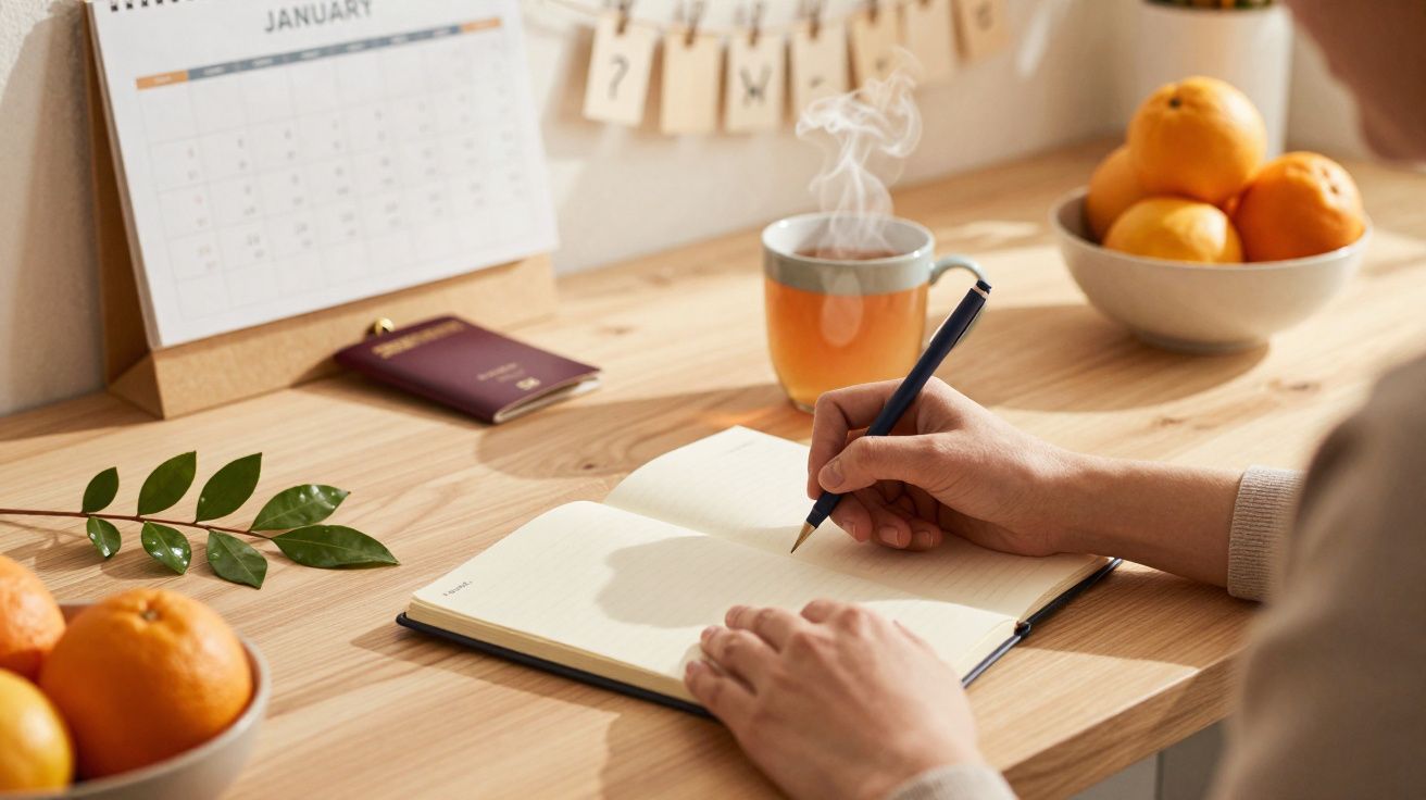 Pessoa a escrever num caderno aberto numa mesa com chá fumegante, tangerinas, calendário e passaporte.
