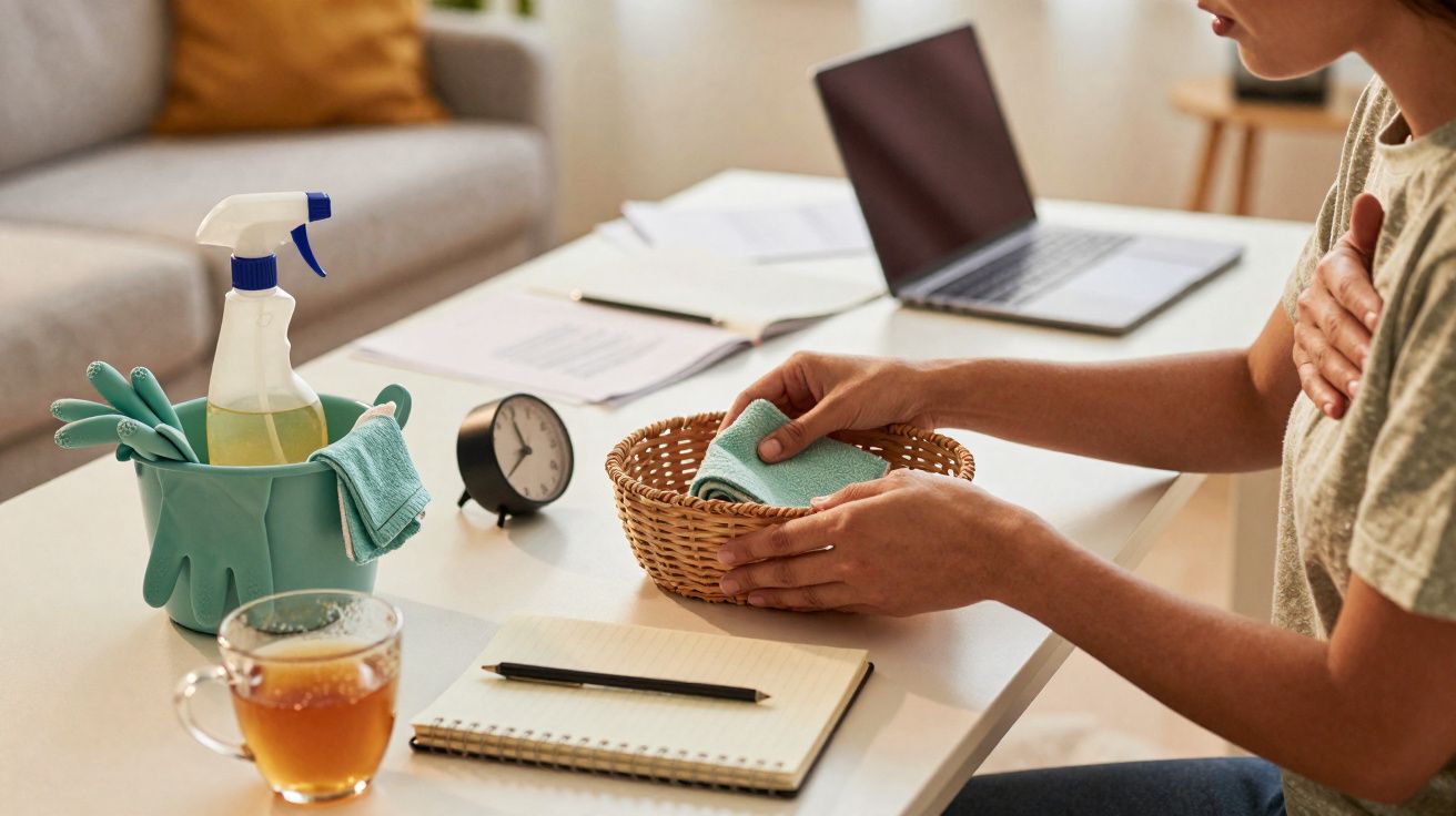 Pessoa a limpar uma mesa branca com pano verde, junto a um relógio, computador portátil e chá quente.