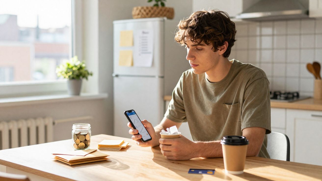 Homem jovem sentado à mesa da cozinha a usar telemóvel e segurar folhas de papel.