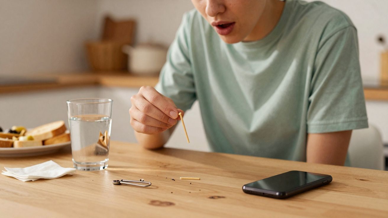 Pessoa sentada à mesa mexendo em fósforos partidos com um copo de água, telemóvel e lanche ao lado.