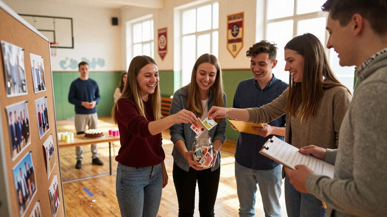 Jovens em ginásio escolar a votar colocando votos numa urna de vidro transparente, sorrindo e interagindo.