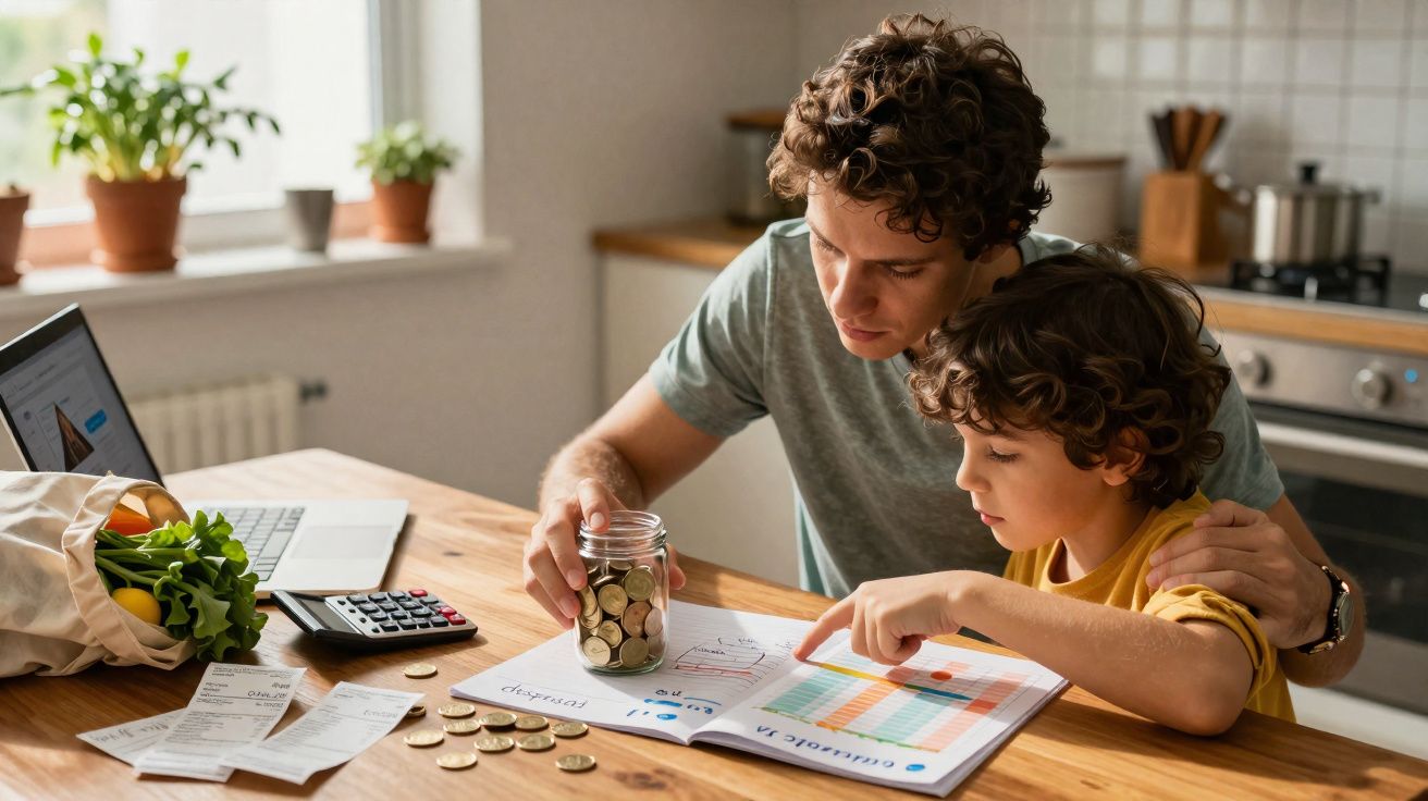 Pai e filho a analisar finanças em casa com cofre de moedas, gráficos e laptop numa mesa de madeira.