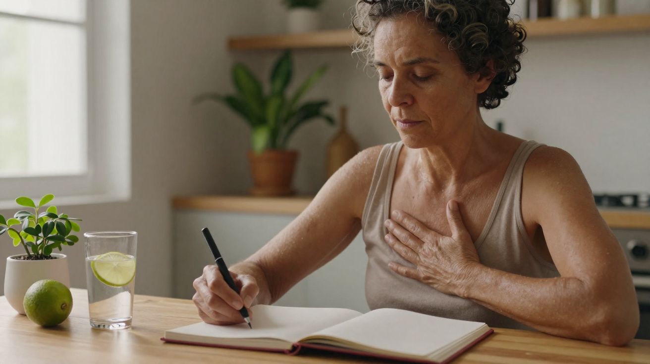 Mulher sentada a escrever num diário, com uma mão no peito, numa cozinha bem iluminada.