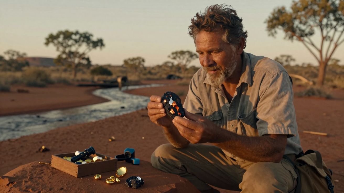 Homem analisa pedra com fósseis sentado em ambiente desértico junto a caixa com mais pedras e objetos.