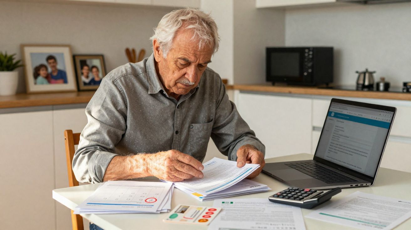 Idoso a analisar documentos com laptop e calculadora numa mesa numa cozinha moderna.
