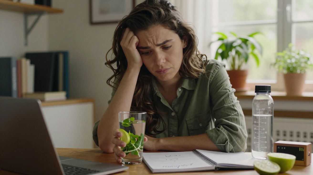 Mulher preocupada sentada à mesa com copo de água, caderno aberto e computador num ambiente doméstico.