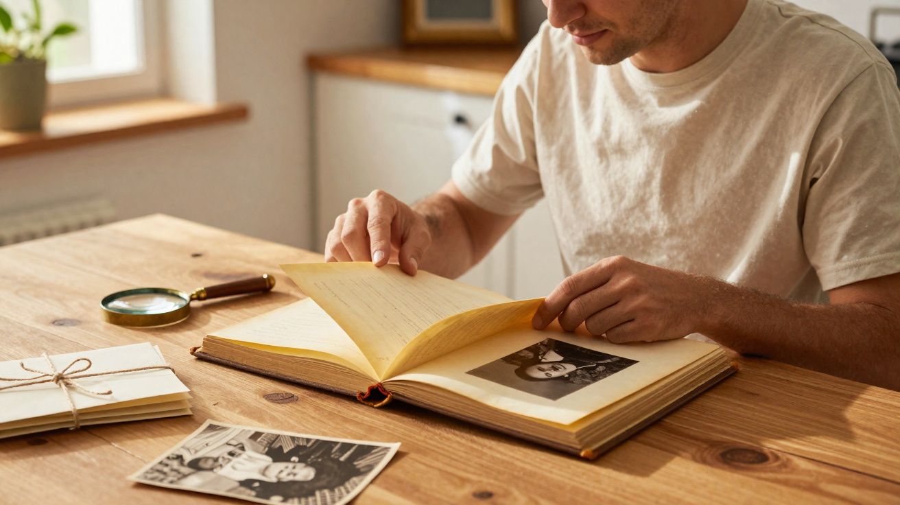 Homem a folhear álbum de fotografias antigas numa mesa de madeira iluminada pela luz natural.