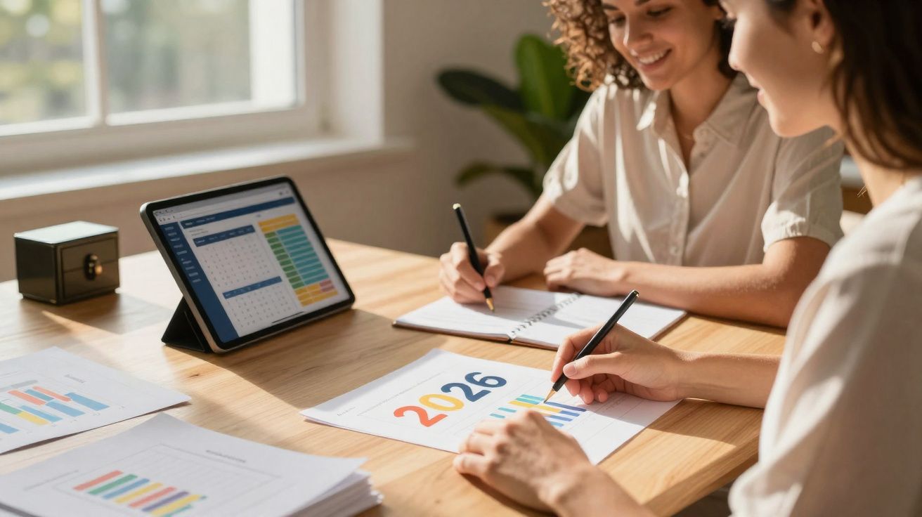 Duas mulheres a analisar gráficos financeiros e um calendário digital numa mesa iluminada junto à janela.