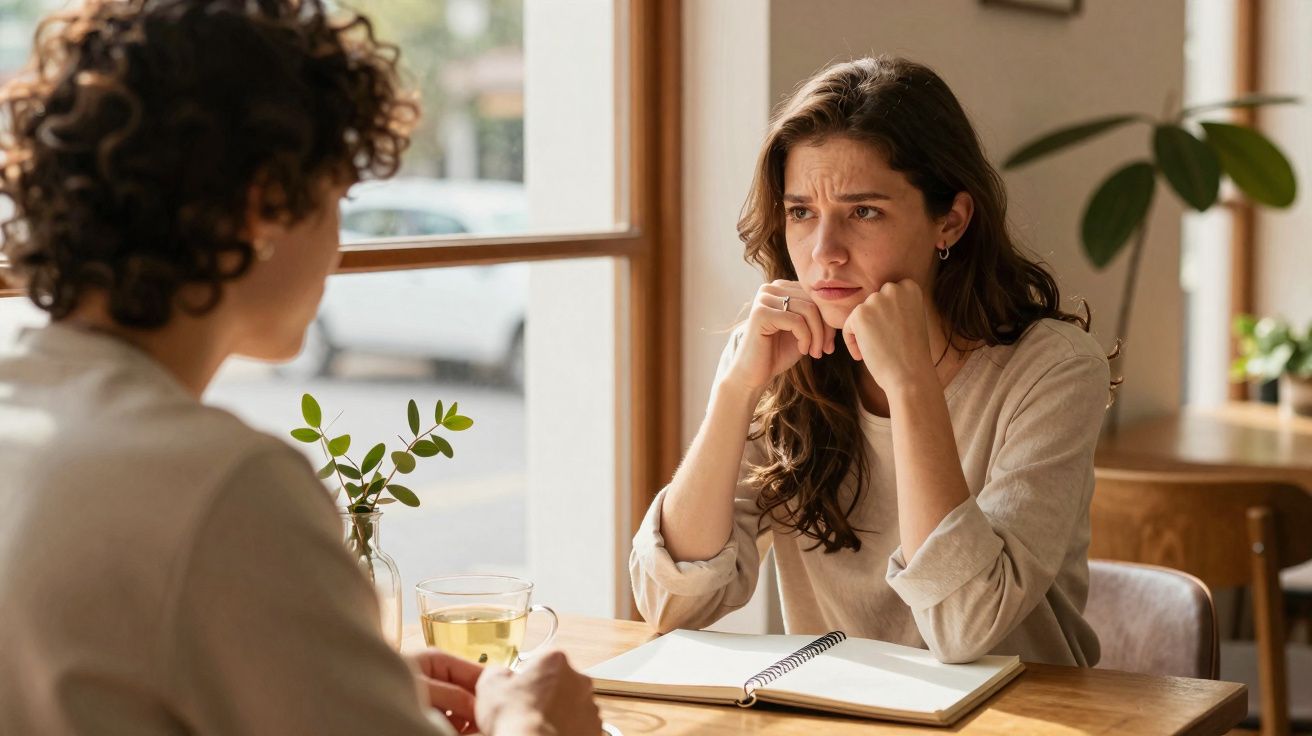 Duas mulheres sentadas à mesa, uma parece preocupada, com um caderno aberto à frente.
