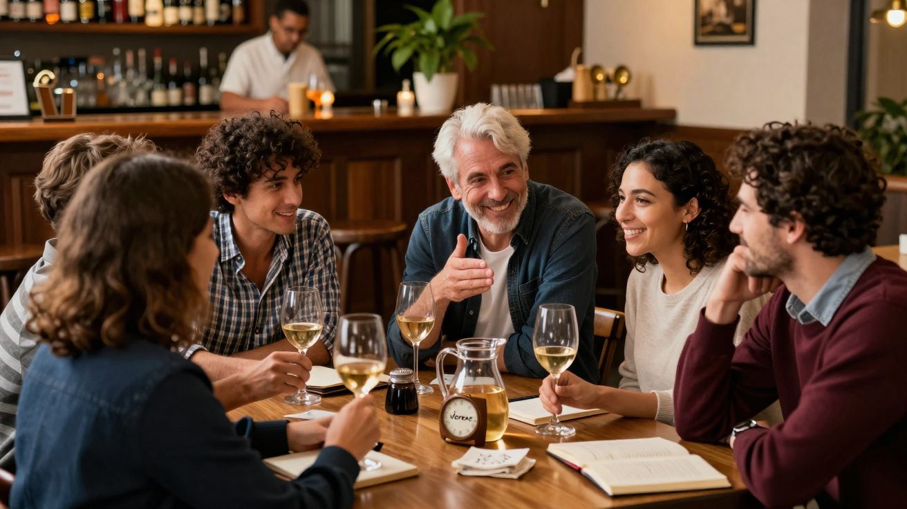 Grupo de cinco pessoas felizes a conversar e beber vinho branco numa mesa de bar acolhedora.