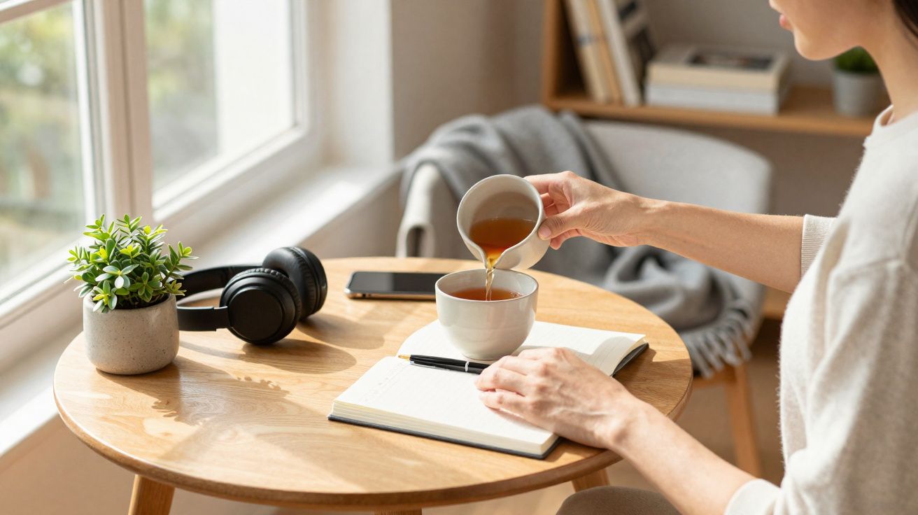 Pessoa a servir chá numa chávena ao lado de caderno, auscultadores e plantas numa mesa redonda de madeira.