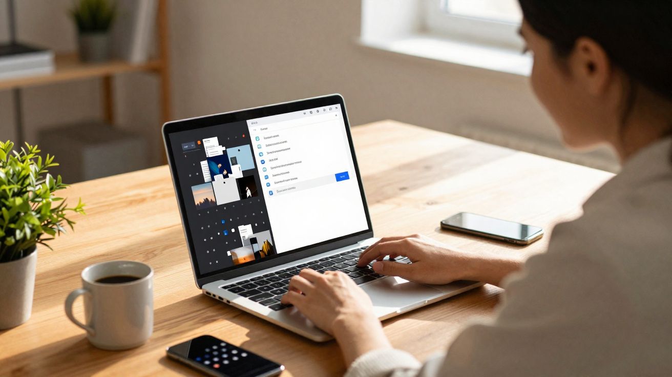 Pessoa a trabalhar num portátil numa mesa de madeira, com um smartphone, uma caneca e uma planta próxima.