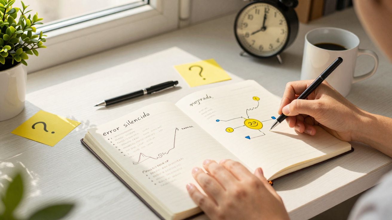 Pessoa a desenhar notas e gráficos num caderno aberto, com caneta, relógio, café e notas adesivas com interrogações.