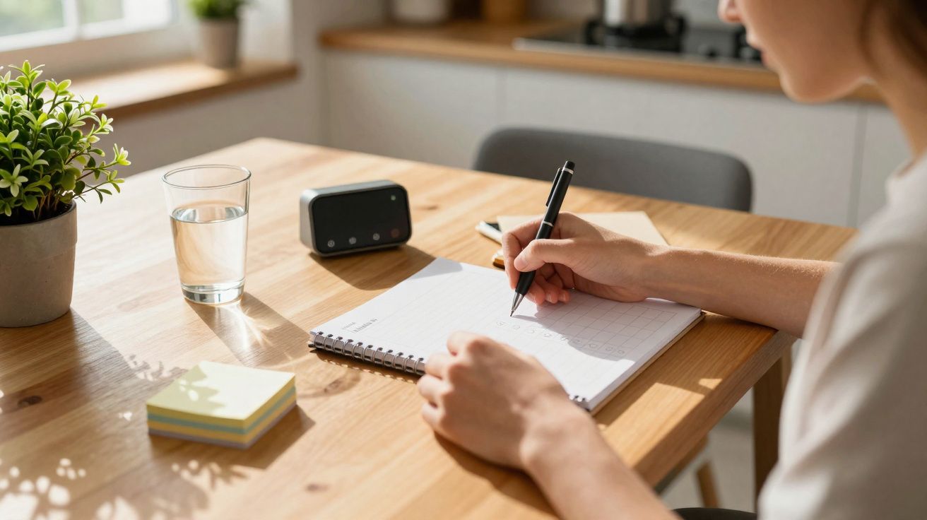 Pessoa a escrever numa agenda num ambiente de trabalho com plantas e um copo de água na mesa.