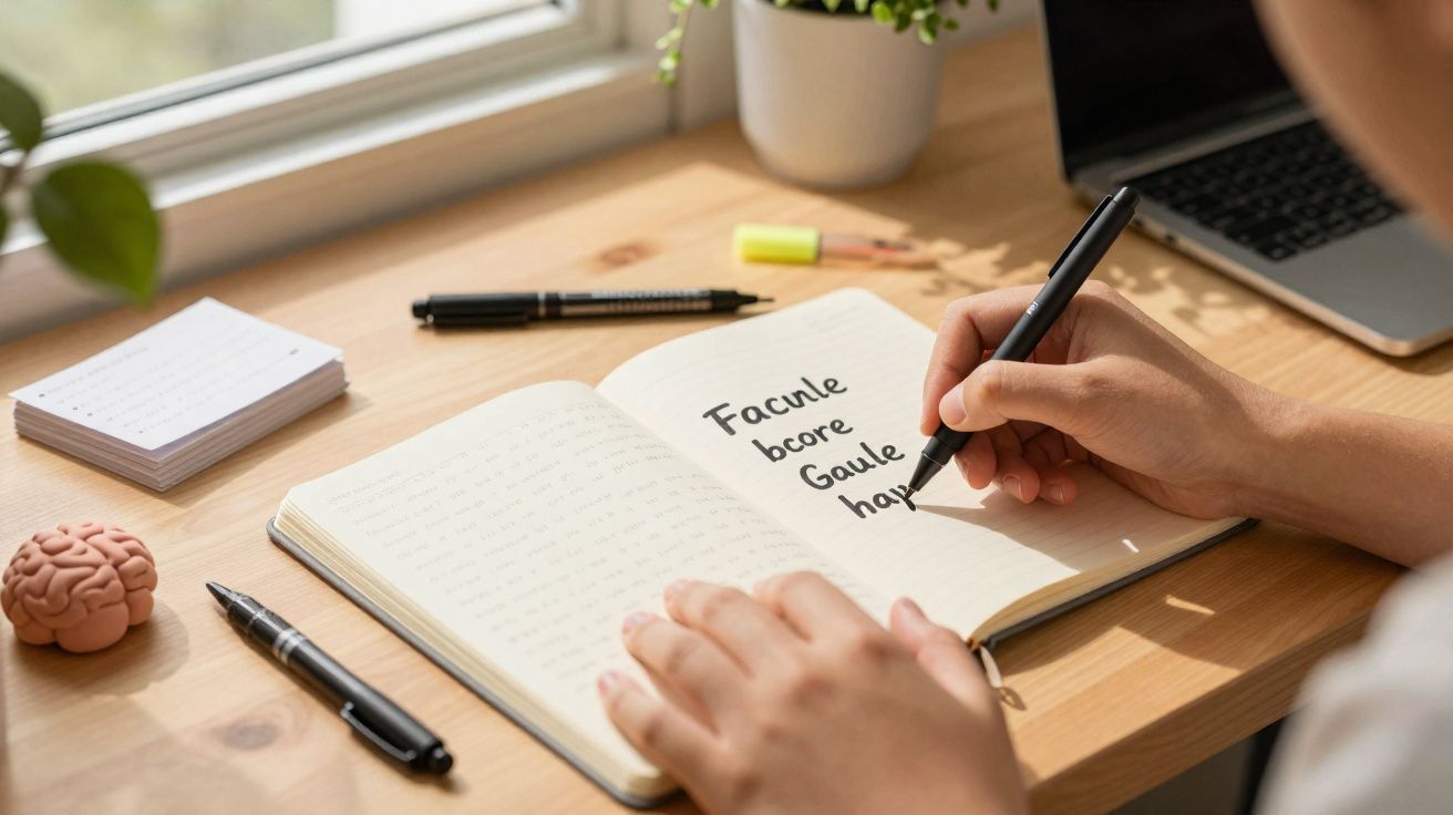 Pessoa a escrever palavras num caderno numa mesa com canetas, bloco de notas e computador portátil.