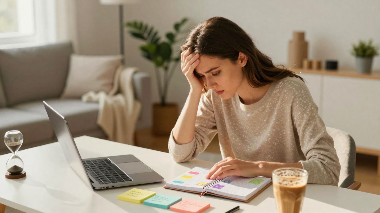 Mulher preocupada a trabalhar em casa, com portátil, agenda e café num ambiente tranquilo.