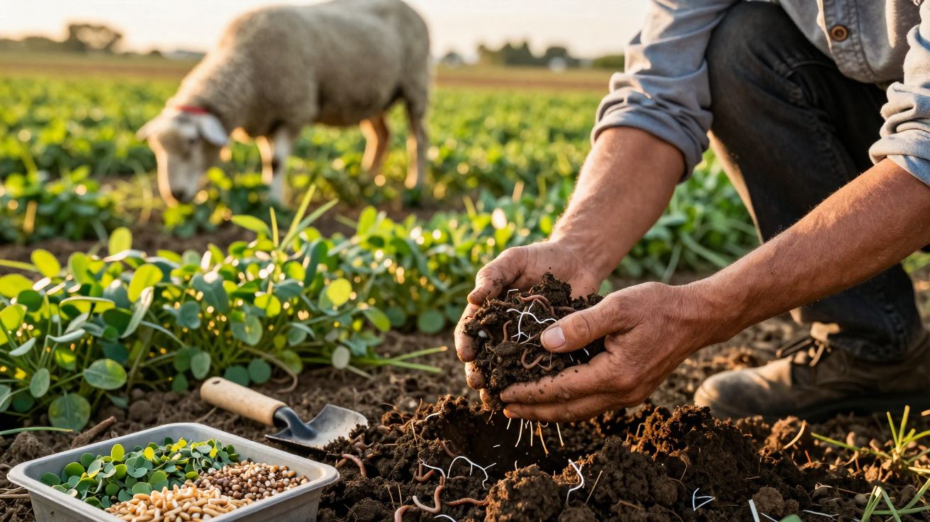 Mãos de agricultor a segurar terra com minhocas num campo verde, com ovelha pastando ao fundo.