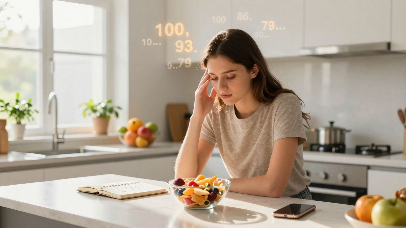 Mulher jovem sentada na cozinha, com expressão pensativa e frutas numa taça à sua frente.