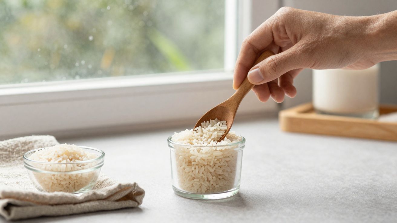 Mão segurando colher de madeira a retirar arroz branco de pequeno recipiente de vidro numa bancada junto à janela.