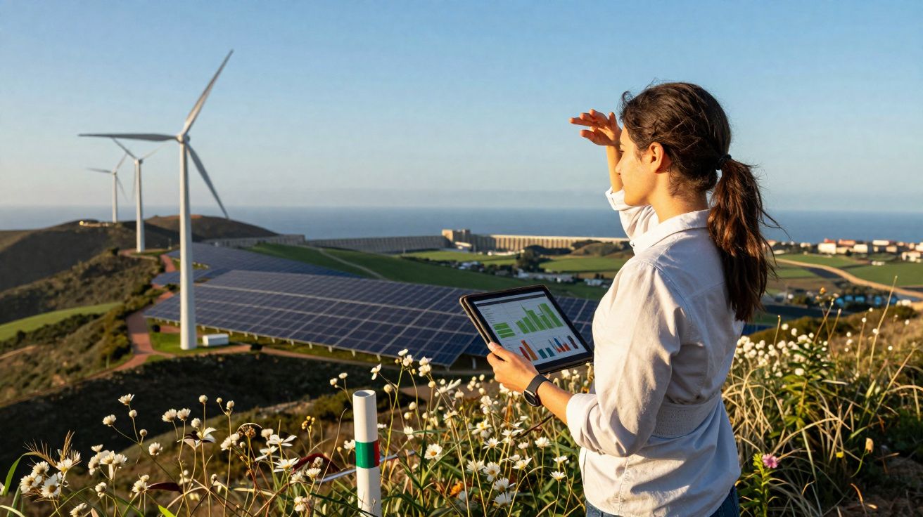 Mulher observa turbinas eólicas e painéis solares numa paisagem rural, segurando tablet com dados ambientais.