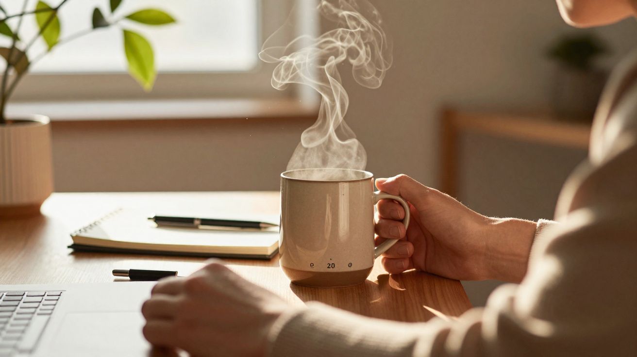 Pessoa a segurar caneca com chá ou café quente, ao lado de computador portátil, caderno e canetas numa mesa de madeira.
