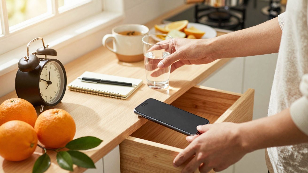 Pessoa a colocar um telemóvel numa gaveta de cozinha, com frutas, relógio e caderno sobre o balcão.