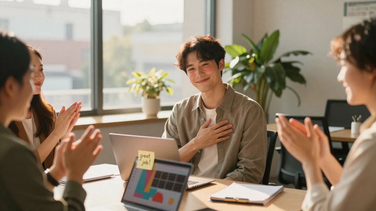 Jovem agradece enquanto colegas o aplaudem numa reunião de trabalho num escritório iluminado.