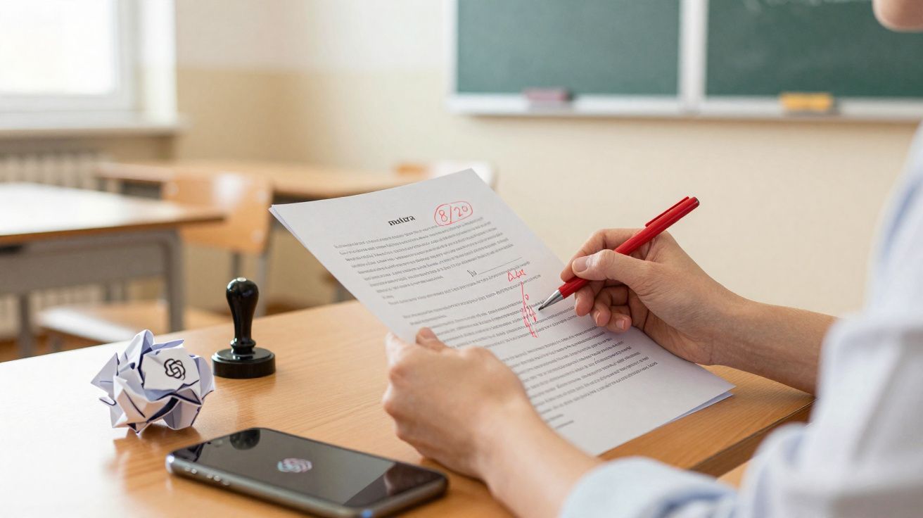 Pessoa a corrigir um teste com caneta vermelha numa sala de aula, mesa com telemóvel e carimbo.