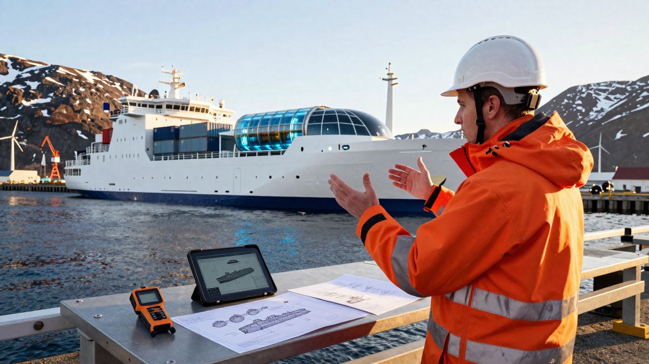 Engenheiro de proteção a olhar para um barco moderno branco num porto com montanhas nevadas ao fundo.