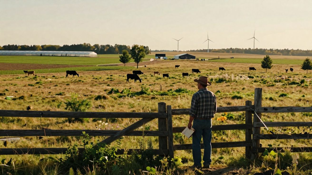 Homem com chapéu observa vacas num campo agrícola com eólicas ao fundo ao pôr do sol.