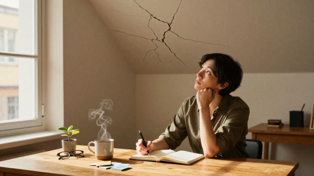 Pessoa sentada a escrever num caderno, olhando para fissuras no teto de uma sala iluminada pela janela.