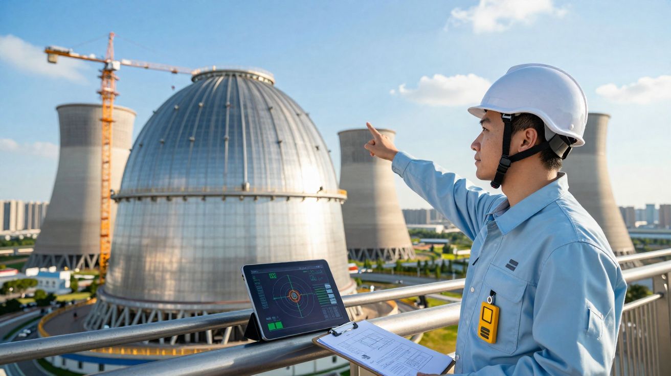 Engenheiro com capacete a apontar para central nuclear enquanto analisa e acompanha dados num tablet.