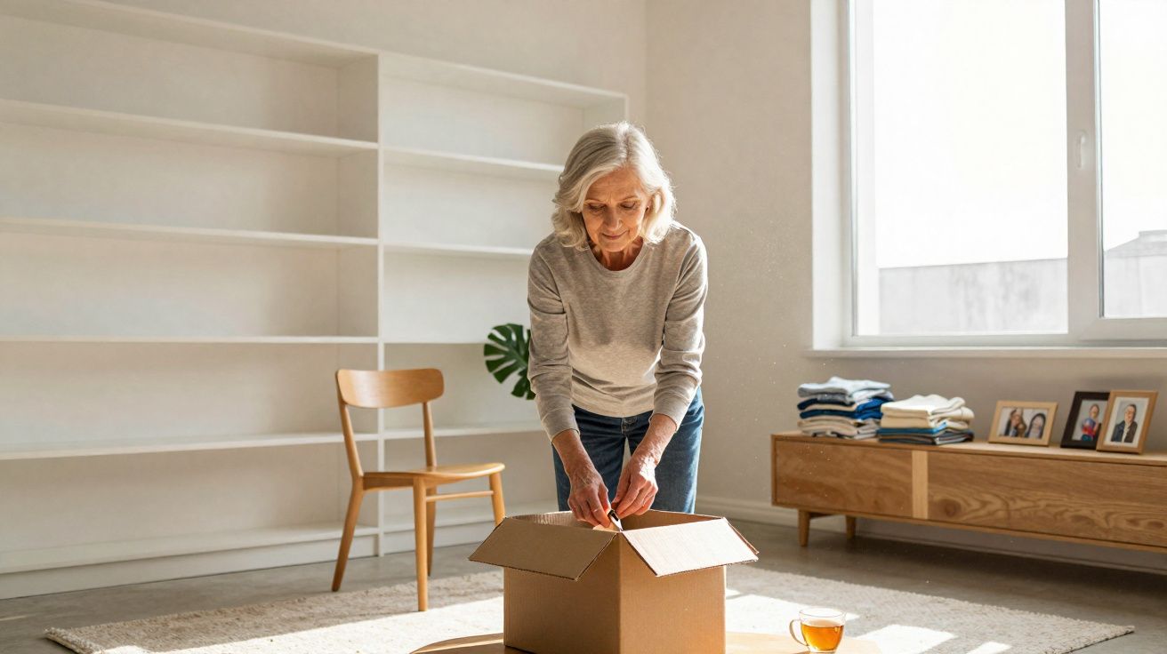 Mulher idosa desempacotando caixas numa sala luminosa e vazia com móveis simples e janelas grandes.