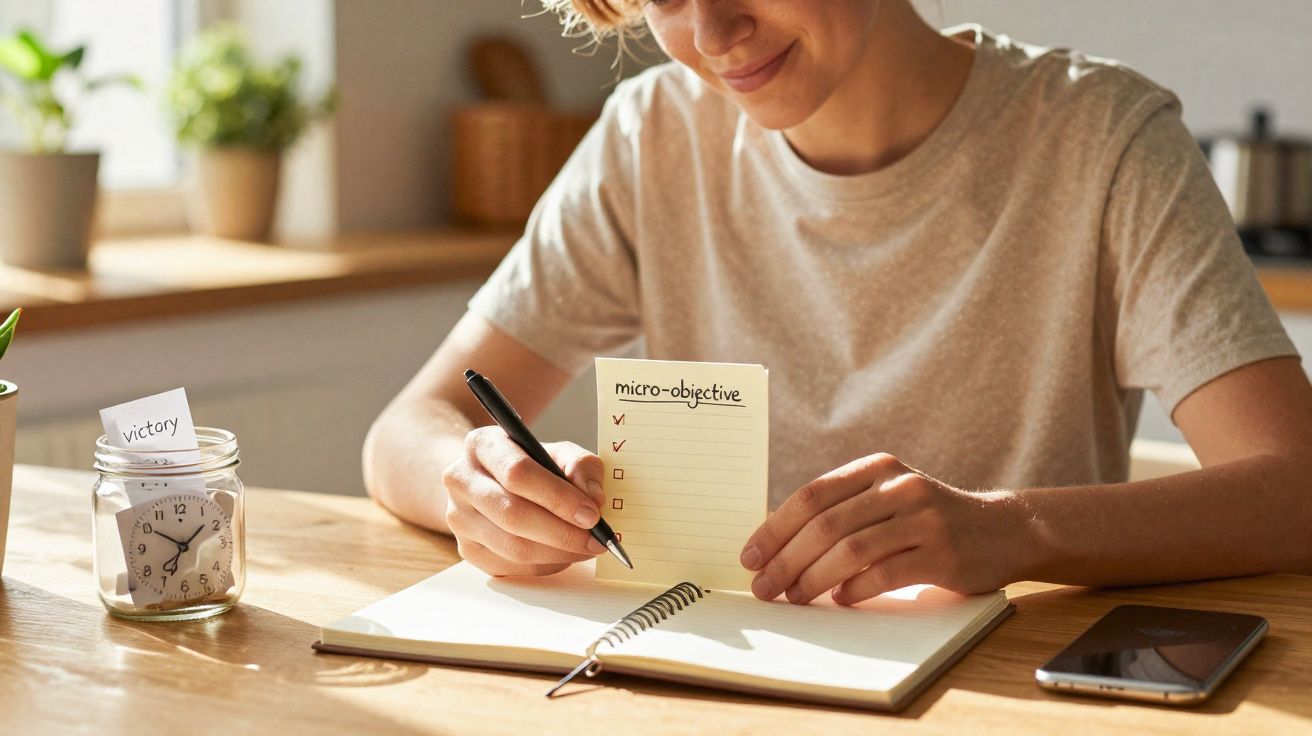 Pessoa a escrever uma lista de tarefas num caderno, com um relógio num frasco e um telemóvel sobre a mesa.