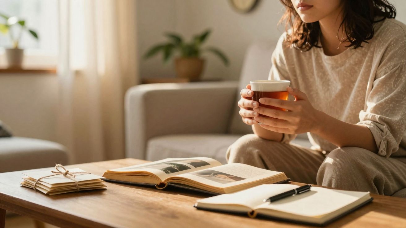 Mulher sentada no sofá com chá na mão, mesa com livros e cadernos numa sala iluminada de manhã.