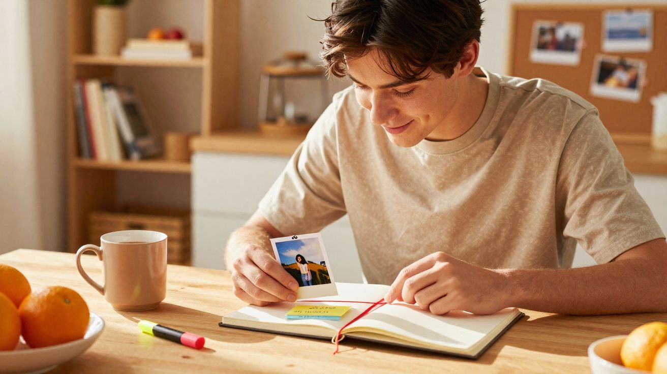 Jovem sentado à mesa a olhar uma fotografia enquanto escreve num caderno, com fruta e uma caneca por perto.