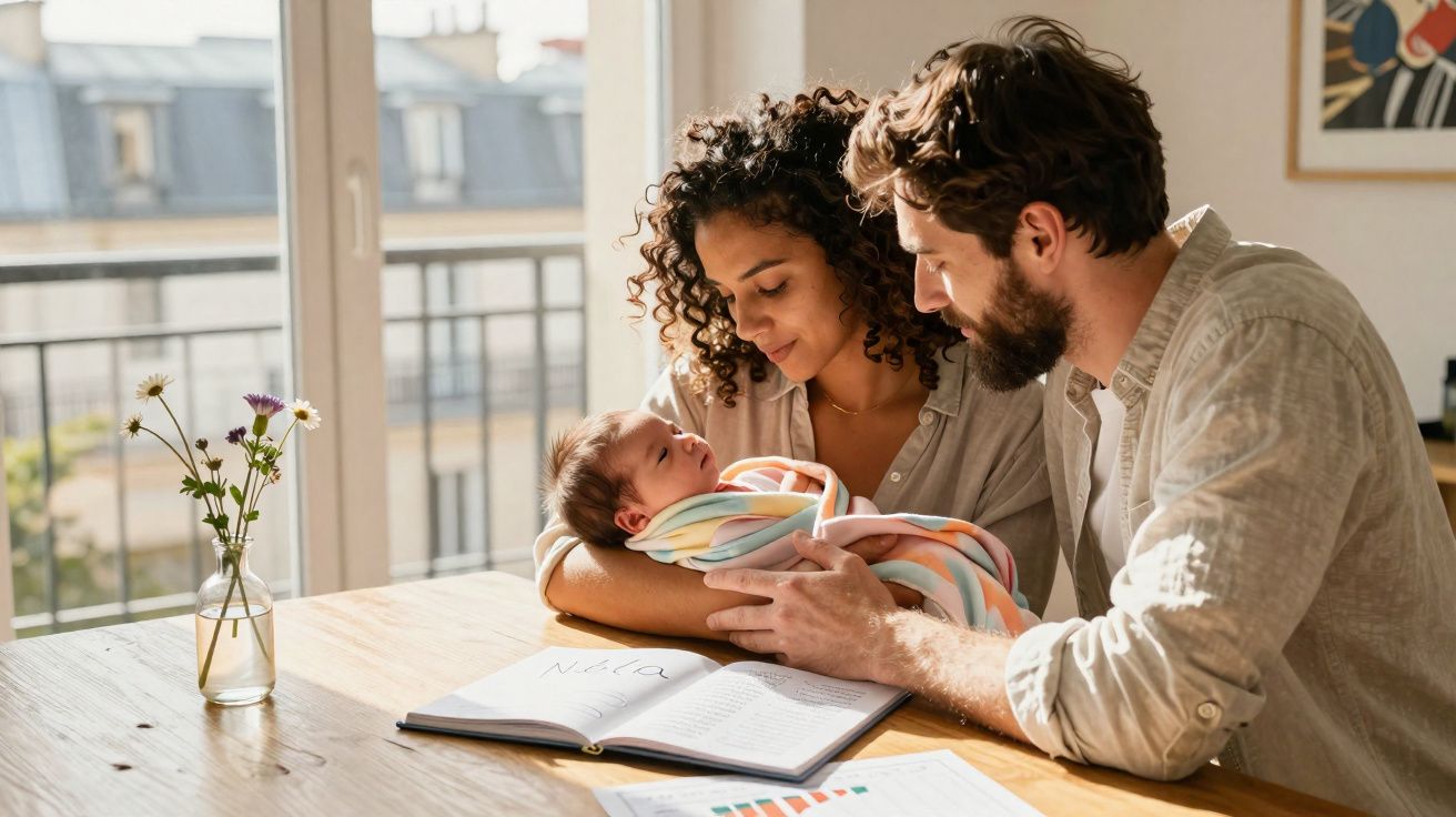 Casal a observar ternamente o bebê envolto em manta colorida, sentado à mesa com livros e flores.