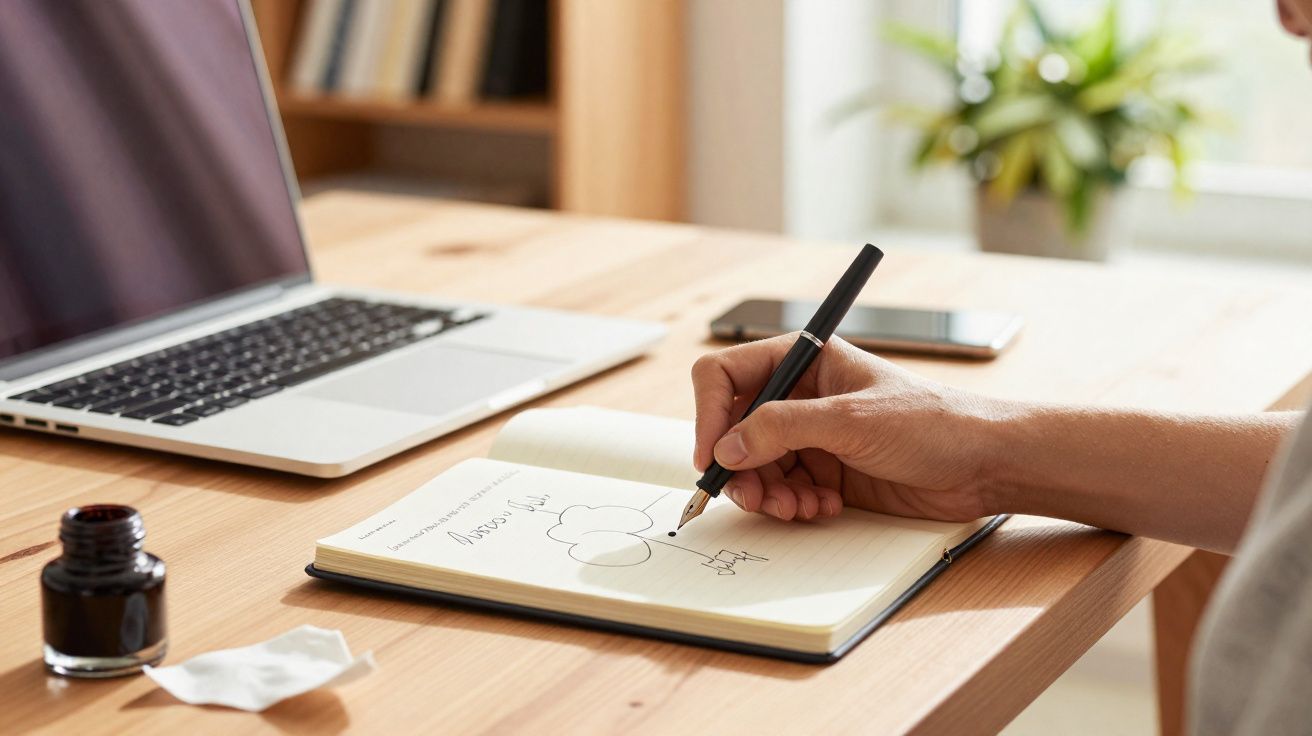 Pessoa a desenhar num caderno junto a um computador portátil e tinteiro numa secretária de madeira clara.