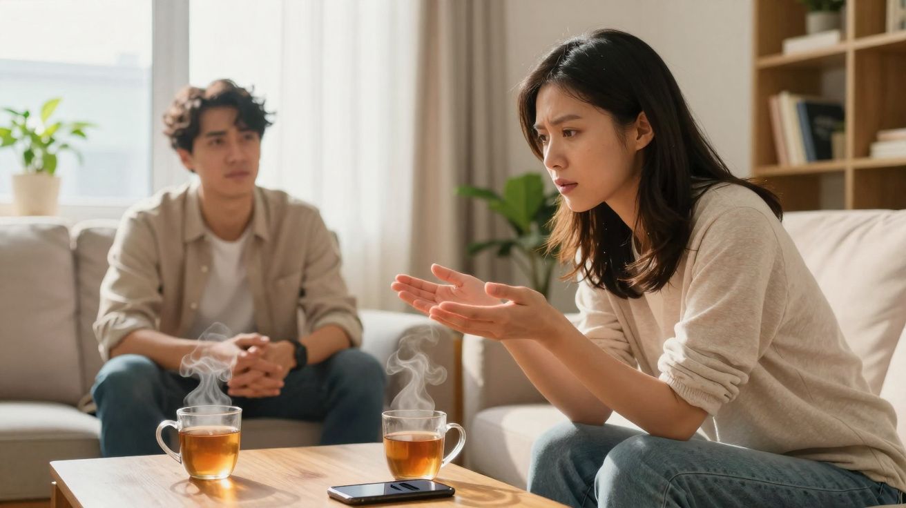 Casal sentado na sala tendo conversa séria, com chá quente e telemóvel na mesa à frente.
